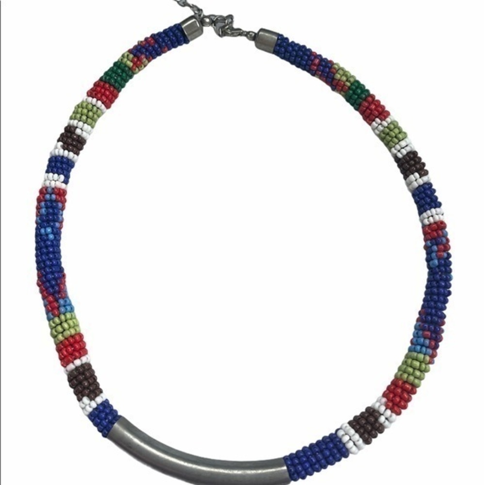 Seed bead necklace with metal, multi colored boho